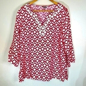 JM Collection Pink White linen top Blouse Embellished Neckline Size S